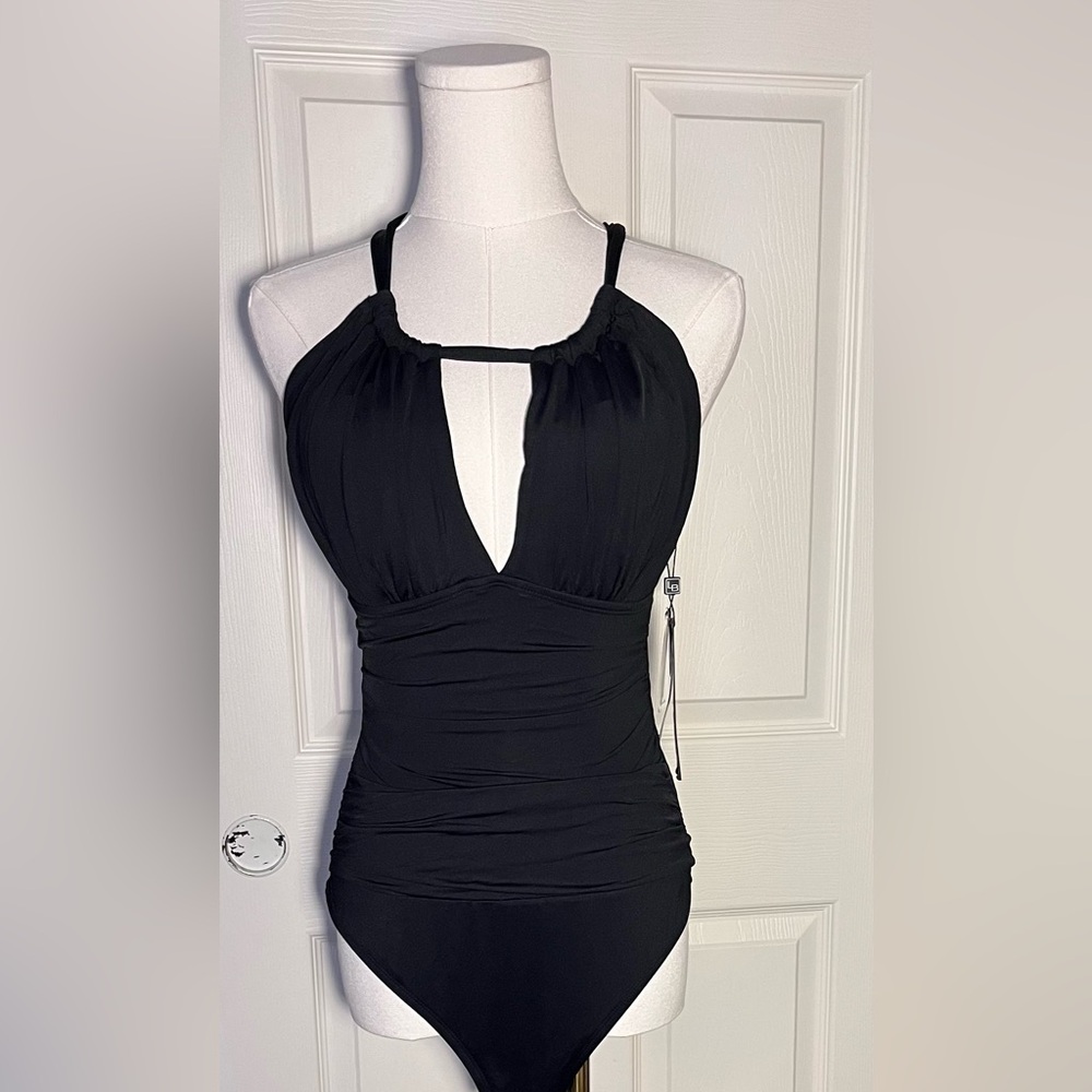 La Blanca Island Goddess Twist Keyhole One Piece Swimsuit sz 10 Black - Picture 3 of 4